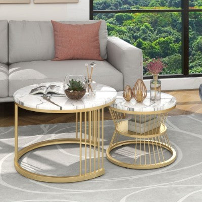 Round Coffee Tables, Removable Set Of 2 End Table, Nesting Tables With Gold Metal Frame Legs And Marble Pattern Top For Living Room, Bedroom, Office, Balcony, Apartment