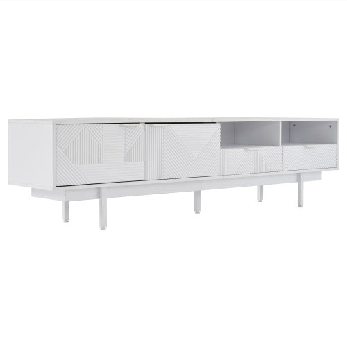 Modern Bohemian TV Cabinet, White Geometric Lines TV Stand, TV Entertainment Center With Storage Space, 200X40X51 Cm, Modern TV Stand For 90 Inch TVs, Console Media Cabinet For Living Room