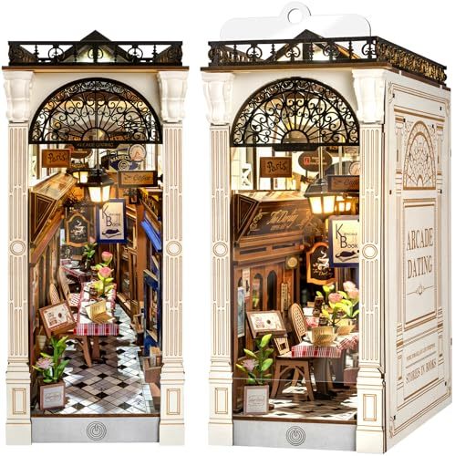 ROBOTIME DIY Book Nook Kit - Arcade Dating Scene With Dust Cover, 3D Wooden Miniature Dollhouse Puzzle, Creative Bookend Bookshelf Decor, Unique Gift For Adults