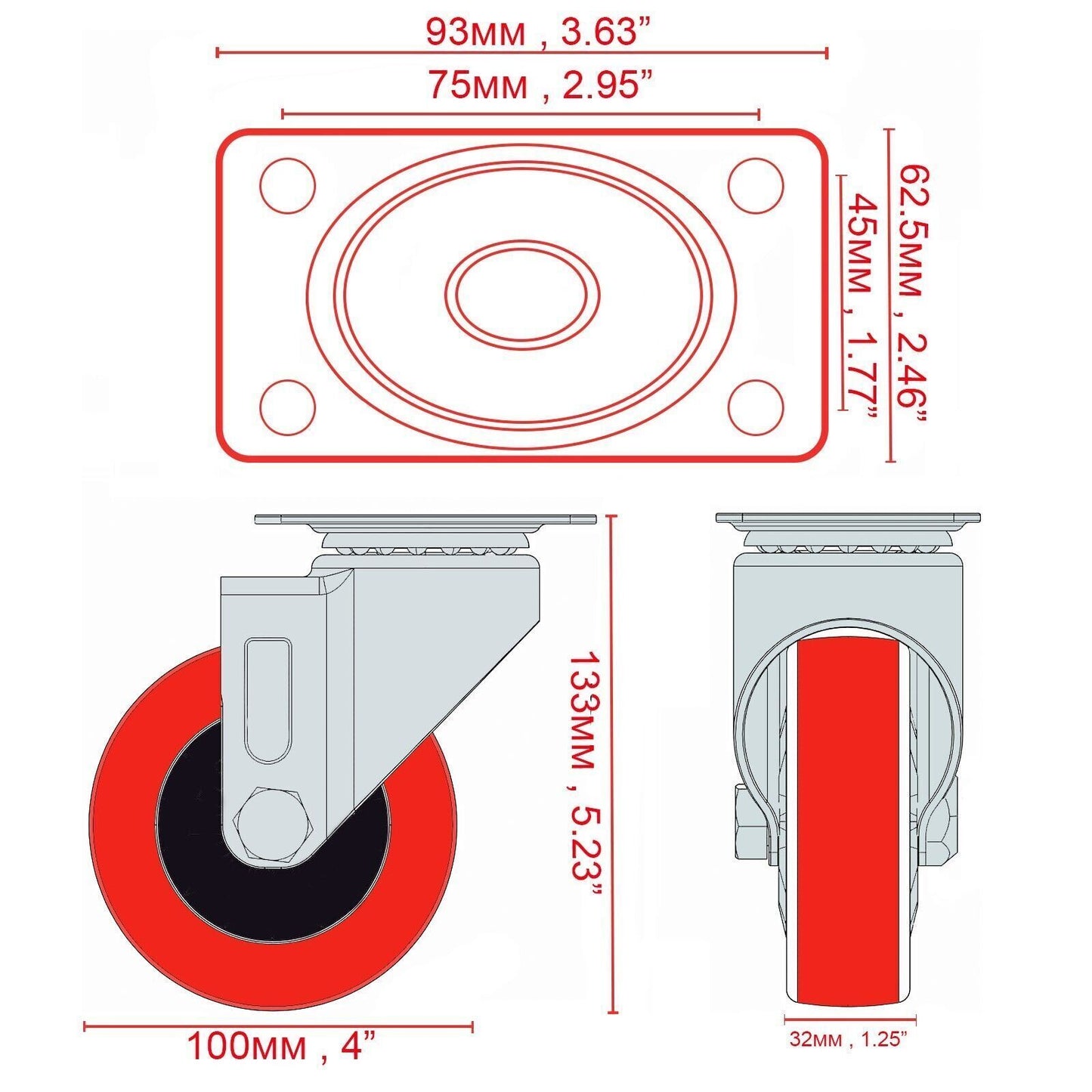 2PCS Double Bearing 700KG Rubber Swivel Brake Castor Wheel Trolley Caster