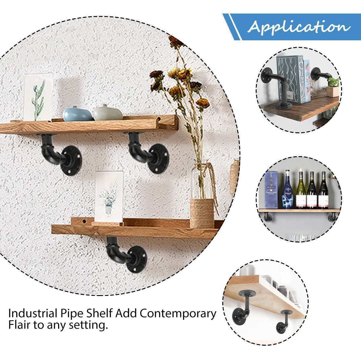 2PCS Pipe Shelf Brackets Industrial Iron Rustic Wall Floating Shelves Storage Unit