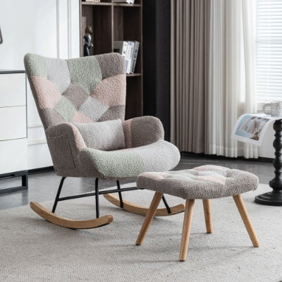 Rocking Chair, Fabric Relaxing Chair Wingback Accent Chair With Solid Wood Legs, Accent Armchair With Ottoman Single Sofa, Chair With Footstool And Pillow For Home Living Room Bedroom, Multicolour