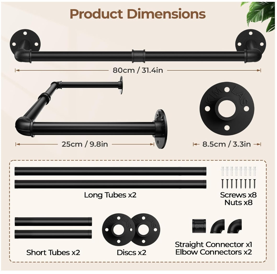 Tienily Industrial Pipe Clothes Rack, Metal Hanging Rails For Clothes, 80cm Clothes Rail Wall Mounted For Bedroom Storage