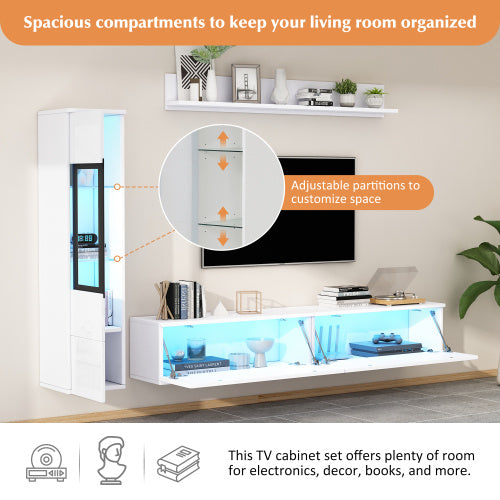 Set Of 3 TV Wall Unit, LED TV Stand, High Gloss TV Cabinet, White Living Room Furniture Sets Frontal Wall Unit, 1 X TV Cabinet, 1 X Living Room Display Cabinet, 1 X Hanging Shelf