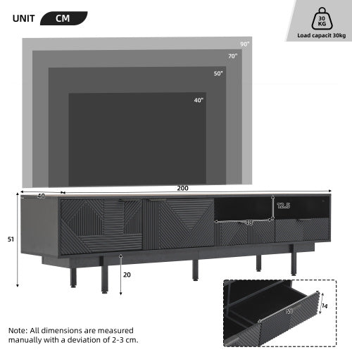 Modern Bohemian TV Cabinet, Black Geometric Lines TV Stand, TV Entertainment Center With Storage Space, 200X40X1 Cm, Modern TV Stand For 90 Inch TVs, Console Media Cabinet For Living Room