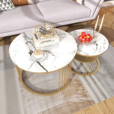 Round Coffee Tables, Removable Set Of 2 End Table, Nesting Tables With Gold Metal Frame Legs And Marble Pattern Top For Living Room, Bedroom, Office, Balcony, Apartment
