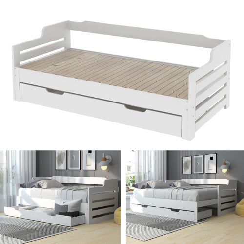 Daybed, Trundle And Drawer, Cabin Bed, SIngle Guest Bed Sofa Bed, Pull Out Trundle And Storage Drawer For Living Room And Bedroom -  3 90 X190 Cm - White