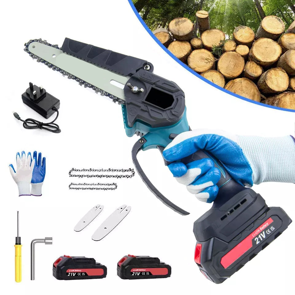2 Battery 6-8  Mini Cordless Chainsaw Electric One-Hand Saw Wood Cutter