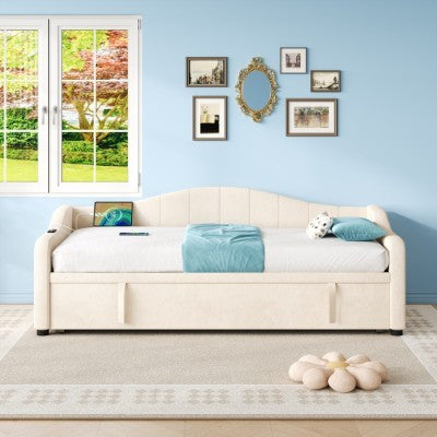 Upholstered Bed 90x190cm, Daybed, Sofa Bed With Charging Station, 3ft Single Velvet Bed With USB And Type - C Ports, Pull Out Trundle Bed For Living Room Bedroom Study Room, Beige No Mattress