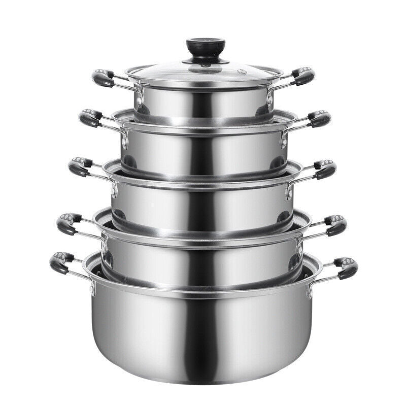 5PCSSet Stainless Steel Saucepan Induction Cooking Pot Cooker Cookware Kitchen
