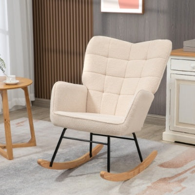 HOMCOM Berber Fleece Nursery Glider Rocker For Nursing, Wingback Rocking Chair For Living Room, Beige