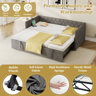 Upholstered Daybed, Sofa Bed With Charging Station, 3ft Single Button-tufted Bed With USB And Type - C Ports, Pull Out Trundle Bed For Living Room Bedroom Study Room, Linen, Grey No Mattress