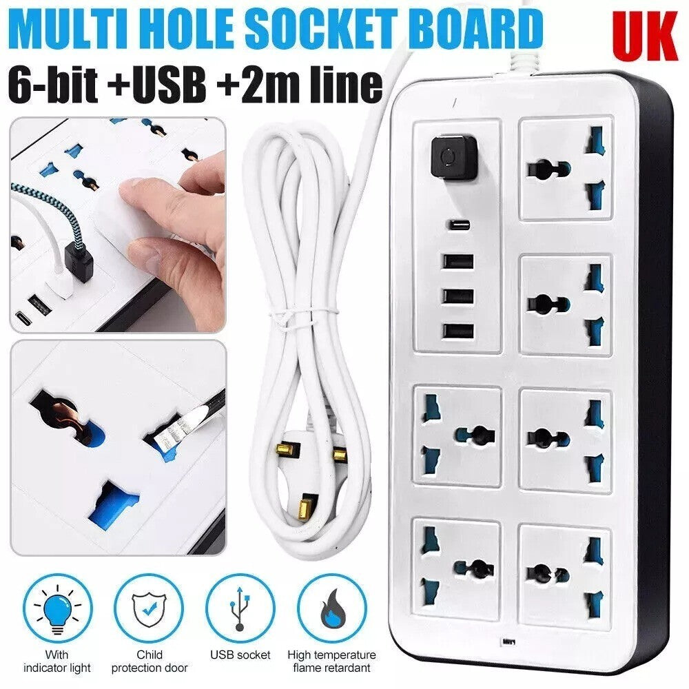 Extension Lead Cable Electric Mains Power 6 Gang Way 4 USB  Plug Socket