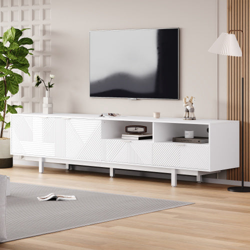 Modern Bohemian TV Cabinet, White Geometric Lines TV Stand, TV Entertainment Center With Storage Space, 200X40X51 Cm, Modern TV Stand For 90 Inch TVs, Console Media Cabinet For Living Room