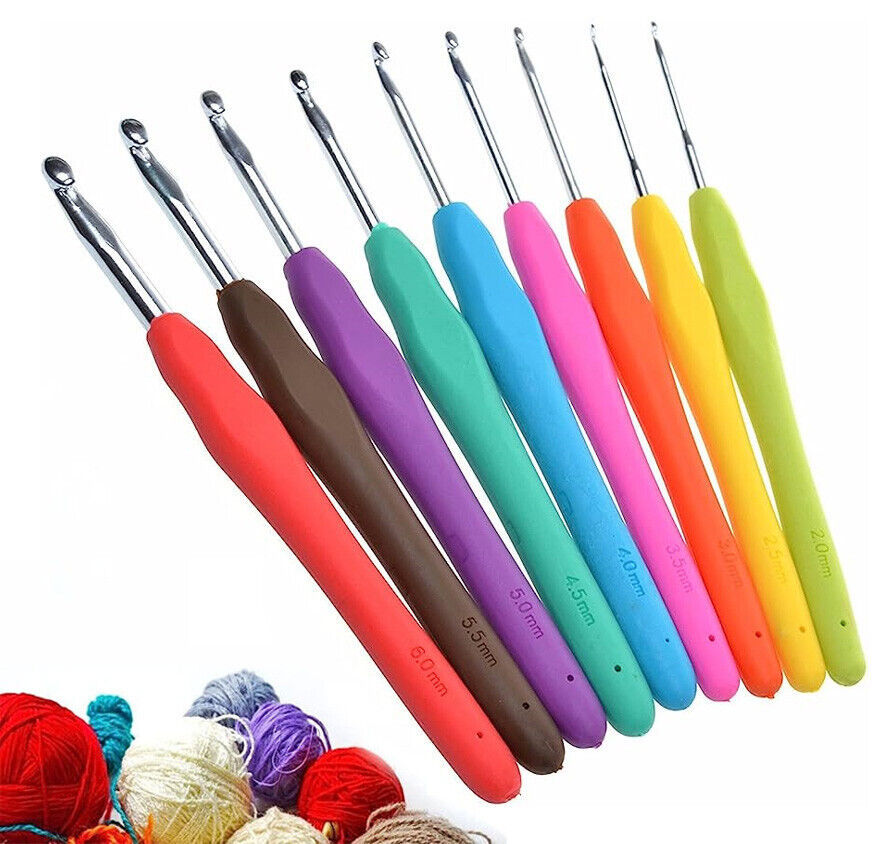9Pcs Crochet Hooks Set Soft Grip Handles Knitting Needles Aluminum Multi Color