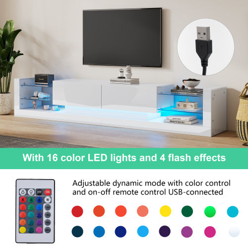 Open Glass Storage TV Stand With LED Lights For TV Cabinets Up To 75 Inches High Gloss Panel, Modern Minimalist Style Media Entertainment Center Console Cabinet Table With 2 Closed Sliding Door, White