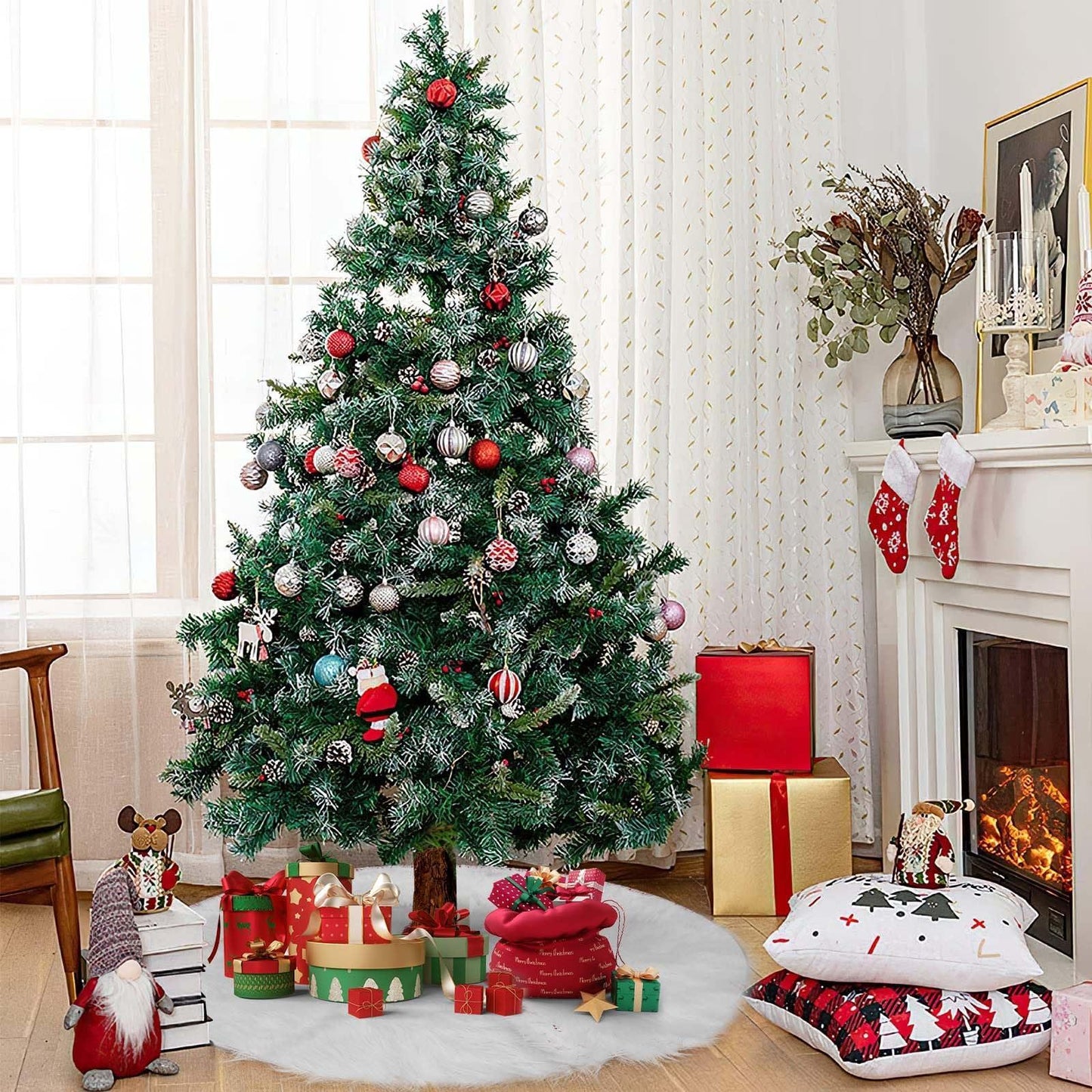 Plush Christmas Tree Skirt 90cm 36inch White Base Cover For Xmas & New Year Decor