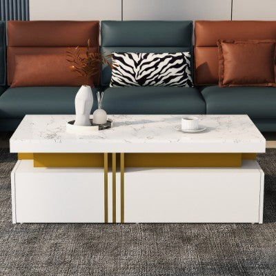Modern White Rectangular Coffee Table With Marble Pattern Triamine Board Top And 2 Wooden Drawers, Living Room Table, 100x50x40cm