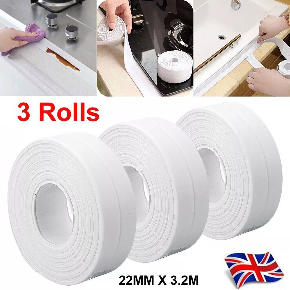1-3X WATERPROOF SEALING TAPE ADVE WHITE BATHROOM KITCHEN LEAK PVC 22MM X 3.2MHESI