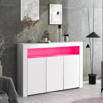 High Gloss White Sideboard Display Cabinet With LED Lights, Modern 3-Door Wood Buffet Cupboard Storage Unit With Remote Control For Kitchen Living Room Dining Room Hallway
