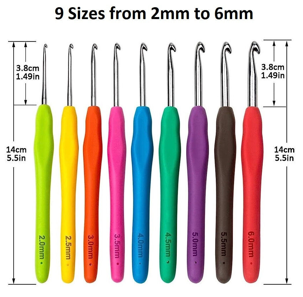 9Pcs Crochet Hooks Set Soft Grip Handles Knitting Needles Aluminum Multi Color