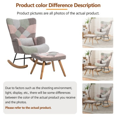 Rocking Chair, Fabric Relaxing Chair Wingback Accent Chair With Solid Wood Legs, Accent Armchair With Ottoman Single Sofa, Chair With Footstool And Pillow For Home Living Room Bedroom, Multicolour