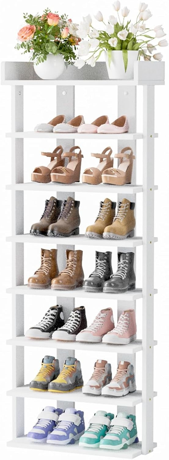 Tienily 7-Tier Narrow Shoe Rack, Wooden Shoe Shelf, Tall Slim Vertical Shoe Display Stand Holder For Entryway, Hallway, Home, Bedroom