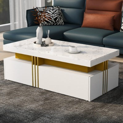 Modern White Rectangular Coffee Table With Marble Pattern Triamine Board Top And 2 Wooden Drawers, Living Room Table, 100x50x40cm