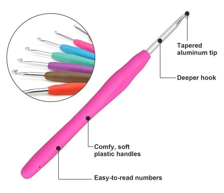 9Pcs Crochet Hooks Set Soft Grip Handles Knitting Needles Aluminum Multi Color