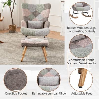 Rocking Chair, Fabric Relaxing Chair Wingback Accent Chair With Solid Wood Legs, Accent Armchair With Ottoman Single Sofa, Chair With Footstool And Pillow For Home Living Room Bedroom, Multicolour