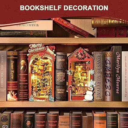 ROBOTIME DIY Miniature Dollhouse Wood Kit Book Nook Shelf Insert Kit, Christmas Street With LED Lights