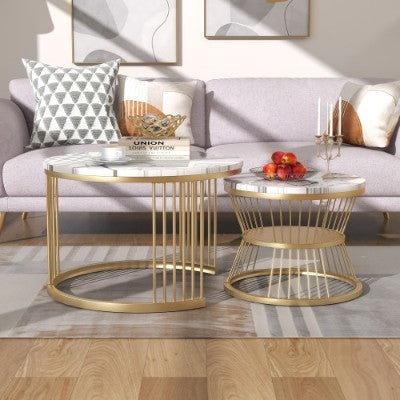 Round Coffee Tables, Removable Set Of 2 End Table, Nesting Tables With Gold Metal Frame Legs And Marble Pattern Top For Living Room, Bedroom, Office, Balcony, Apartment
