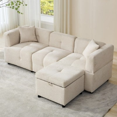 80 Sectional Sofa Couch With Removable Storage Ottoman, Fabric Sofa For Living Room Apartment, L-Shaped Sofa With 2 Pillows For Home Apartment Office Living Room, Beige