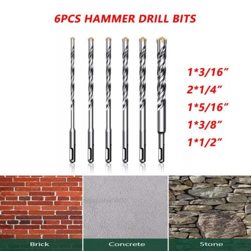 6PCS Hammer Drill Bits SDS  Plus Set Concrete Masonry Granite Fit