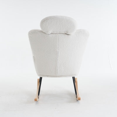 Soft Teddy Fabric Tufted Upholstered Rocking Chair Padded Seat With Headrest For Living Room Bedroom,Ivory White