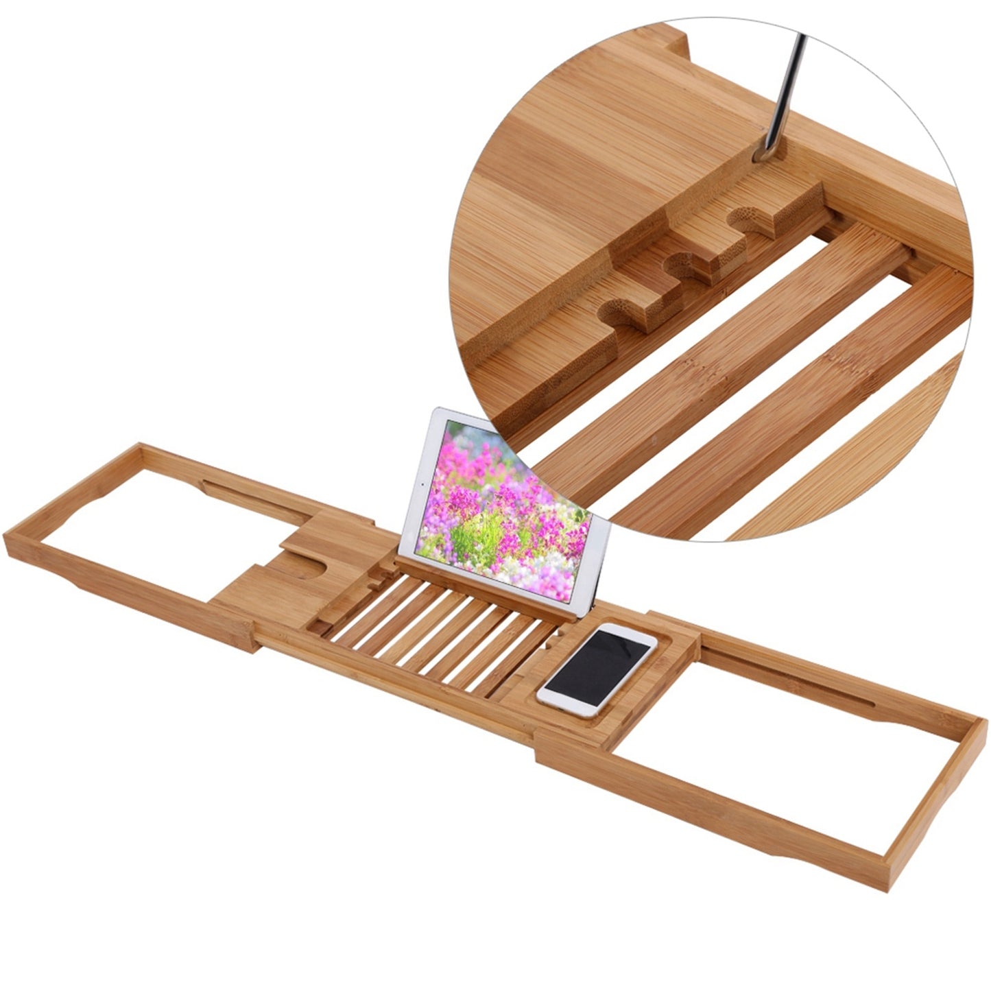 1Pc Extendable Bamboo Bathtub Rack Shelf Bathroom Shower Tub Book Reading Tray Stand