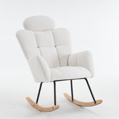 Soft Teddy Fabric Tufted Upholstered Rocking Chair Padded Seat With Headrest For Living Room Bedroom,Ivory White