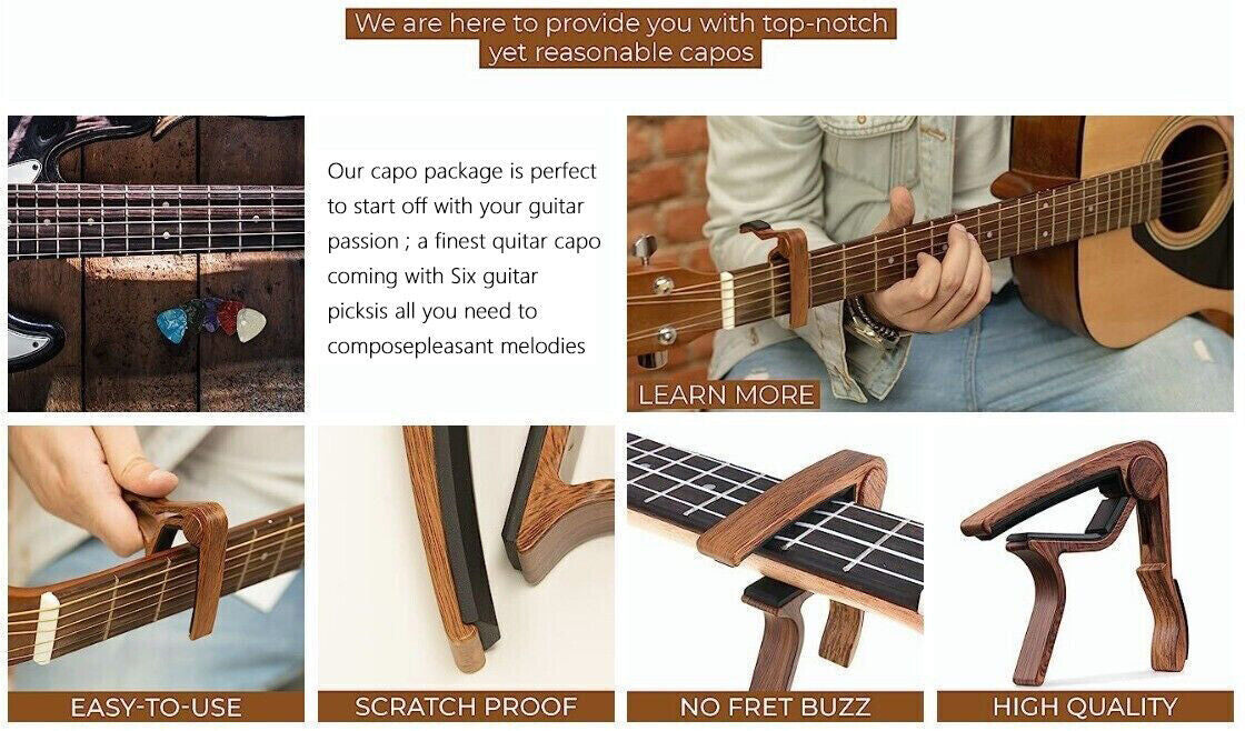 Capo Quick Change Guitar Capo  Wooden With 5 Guitar Picks