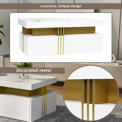 Modern White Rectangular Coffee Table With Marble Pattern Triamine Board Top And 2 Wooden Drawers, Living Room Table, 100x50x40cm